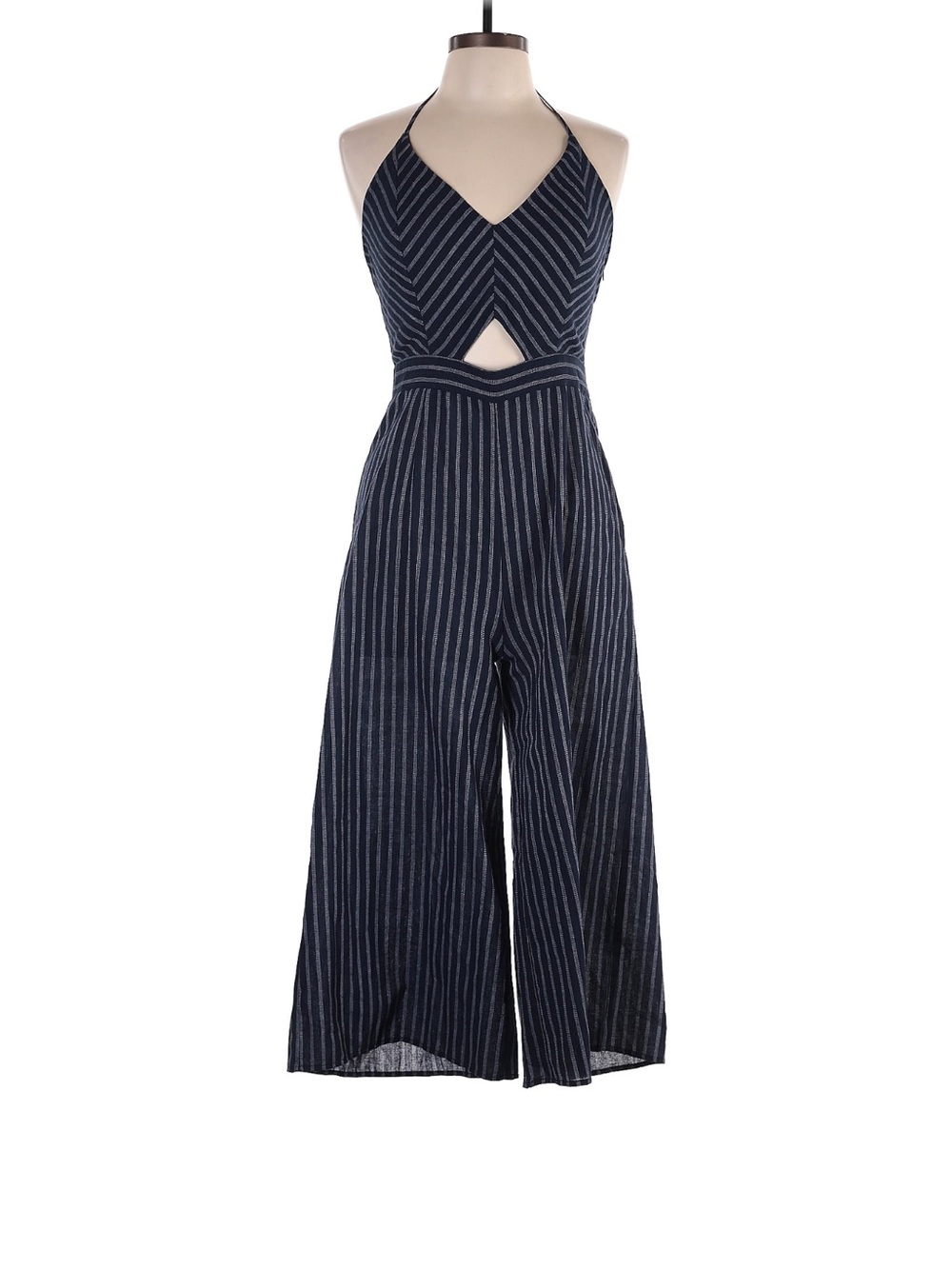 Striped Navy Halter Cutout Wide-Leg Jumpsuit